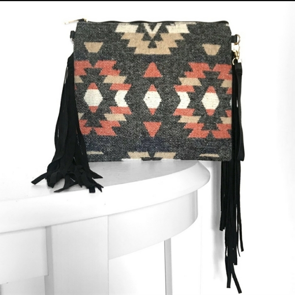 !Western Aztec Crossbody Clutch  with dangling tassels - Picture 2 of 3